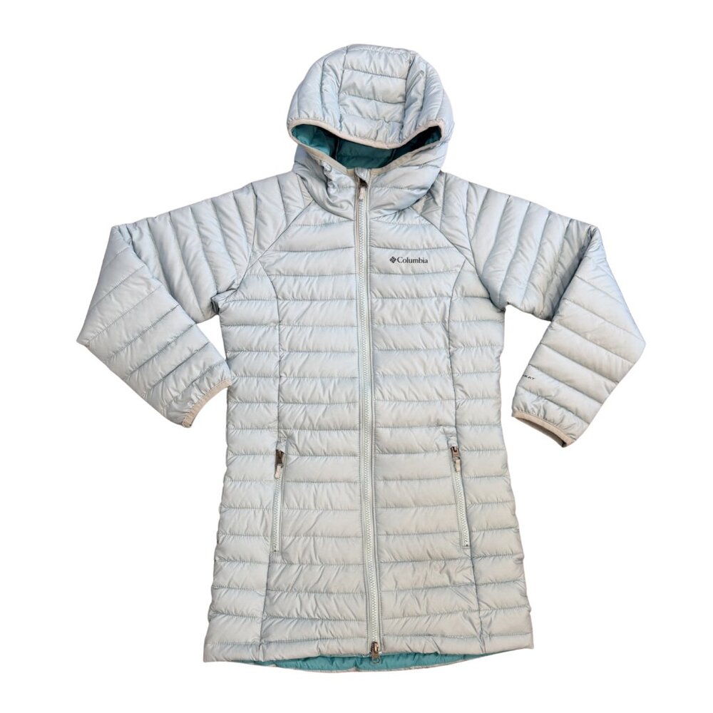 Columbia Girls Light Blue Long Hooded Puffer Coat Full Zip Size S (7/8)